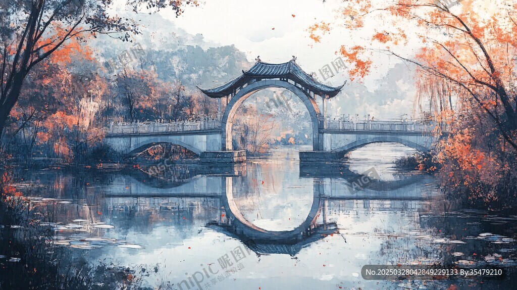 秋景中的中式古橋與倒影