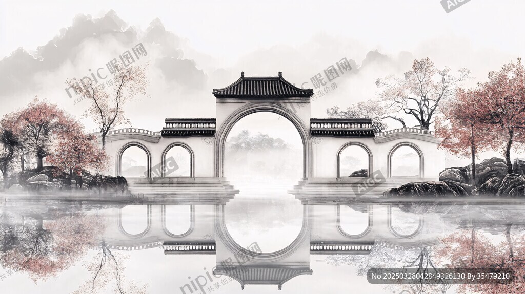 中式水墨園林拱橋美景