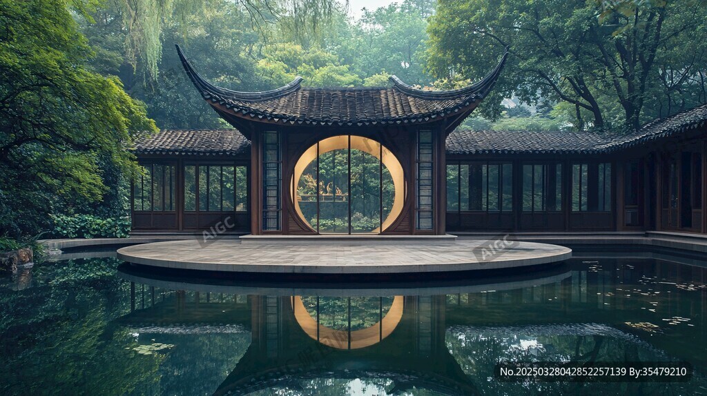 中式園林水畔雅致樓閣