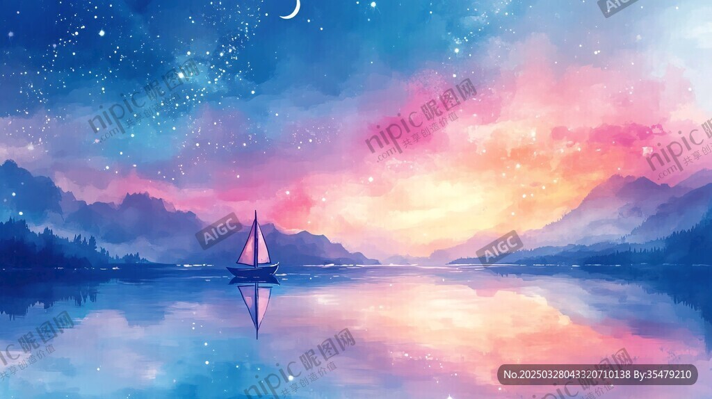 夢幻星空下的靜謐湖岸帆船