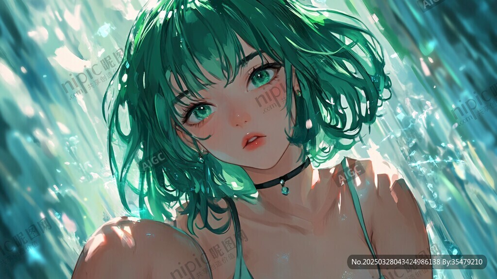 綠發少女于夢幻水光中