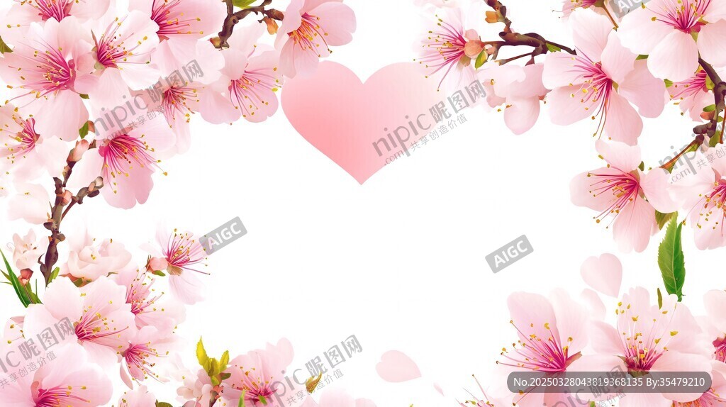 粉色櫻花愛心浪漫背景圖