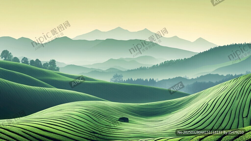 翠綠茶田中的遠山景致