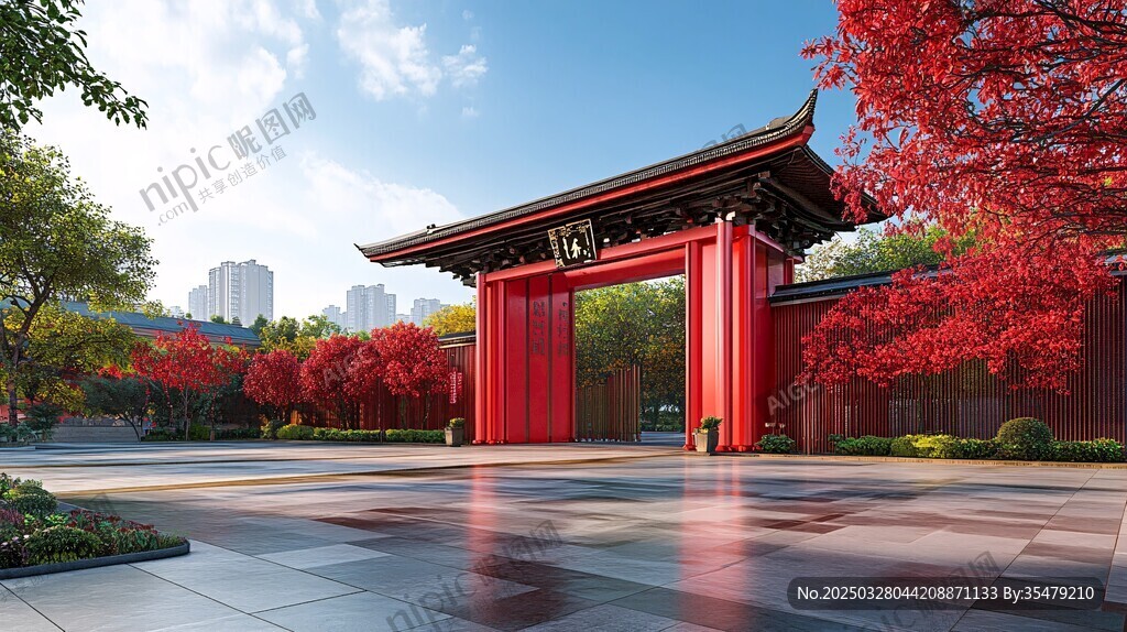 中式紅門映秋景