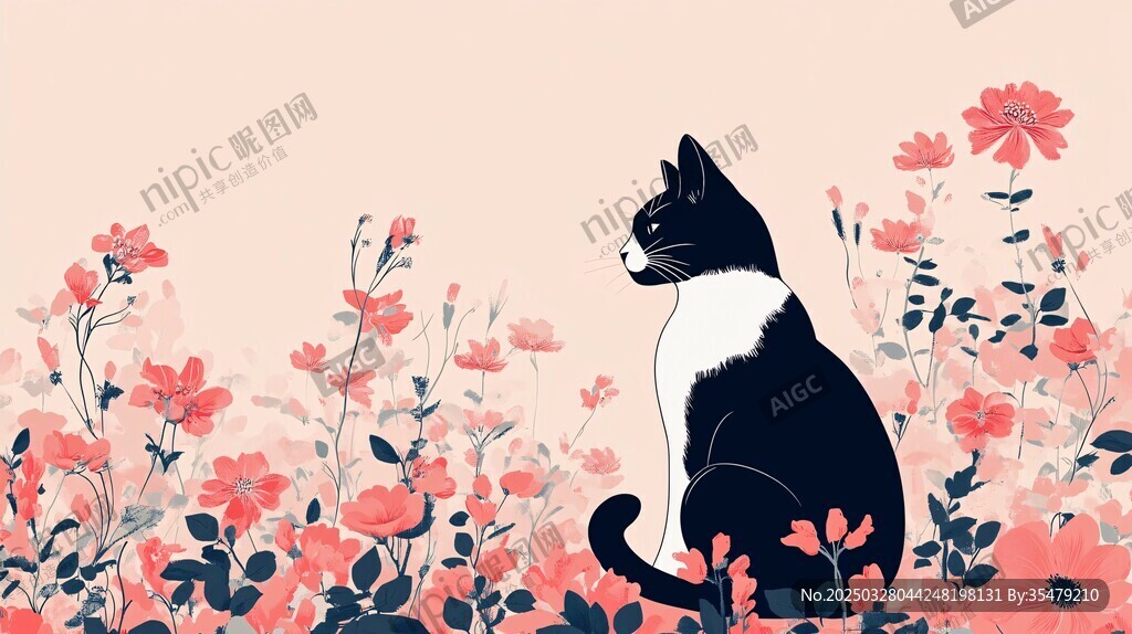 花叢中的黑白貓咪