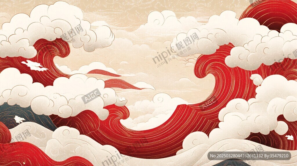 紅浪翻涌中式風插畫