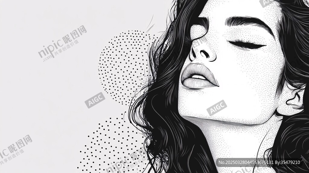 閉眼卷發女性藝術插畫