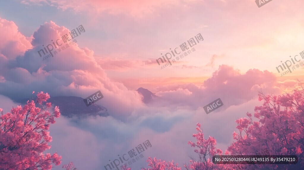 夢幻粉紫云海與爛漫花枝