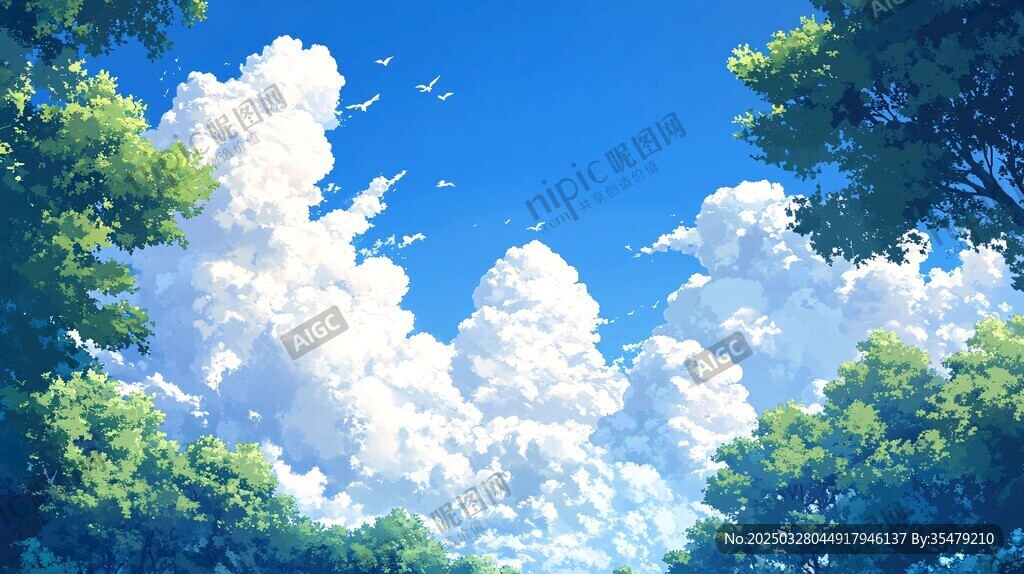 夏日林間 藍天白云美景