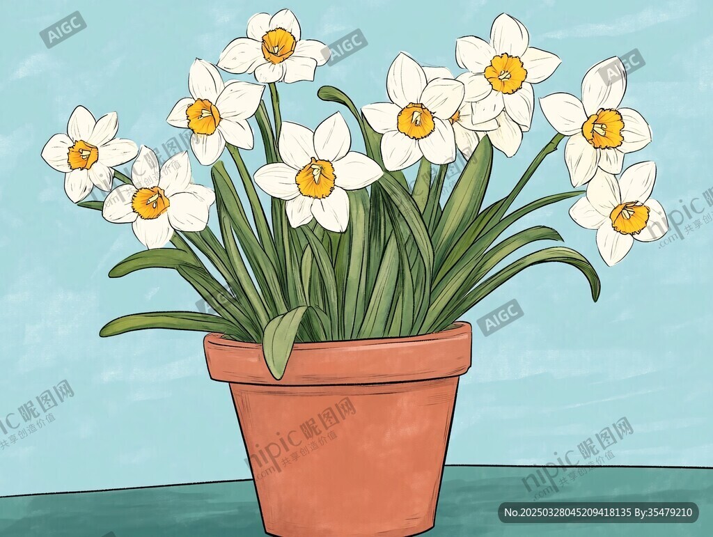 盆栽水仙 清新插畫花卉