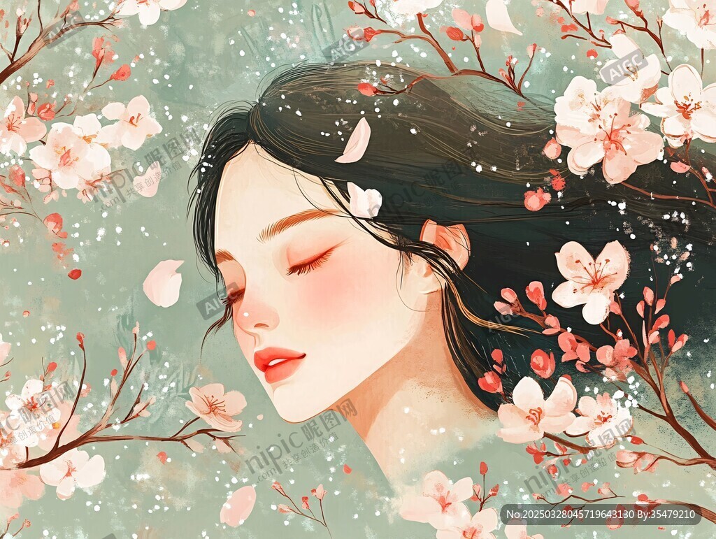 春日櫻花下的恬靜少女