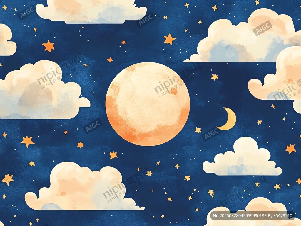 夢幻夜空下的月亮云朵星星