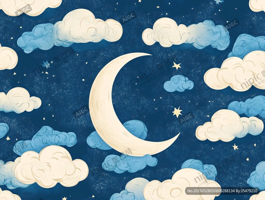 夢幻月夜云朵插畫背景圖