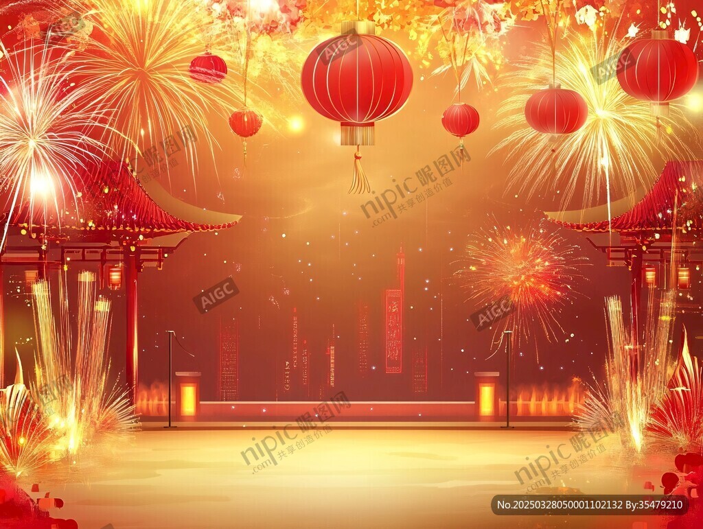 喜慶新春夜景煙花燈籠圖