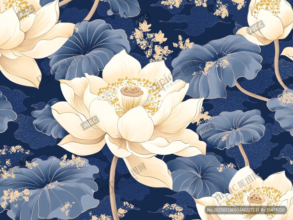 藍底荷花中式唯美圖案