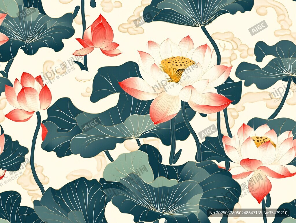 中式荷花荷葉國風(fēng)圖案