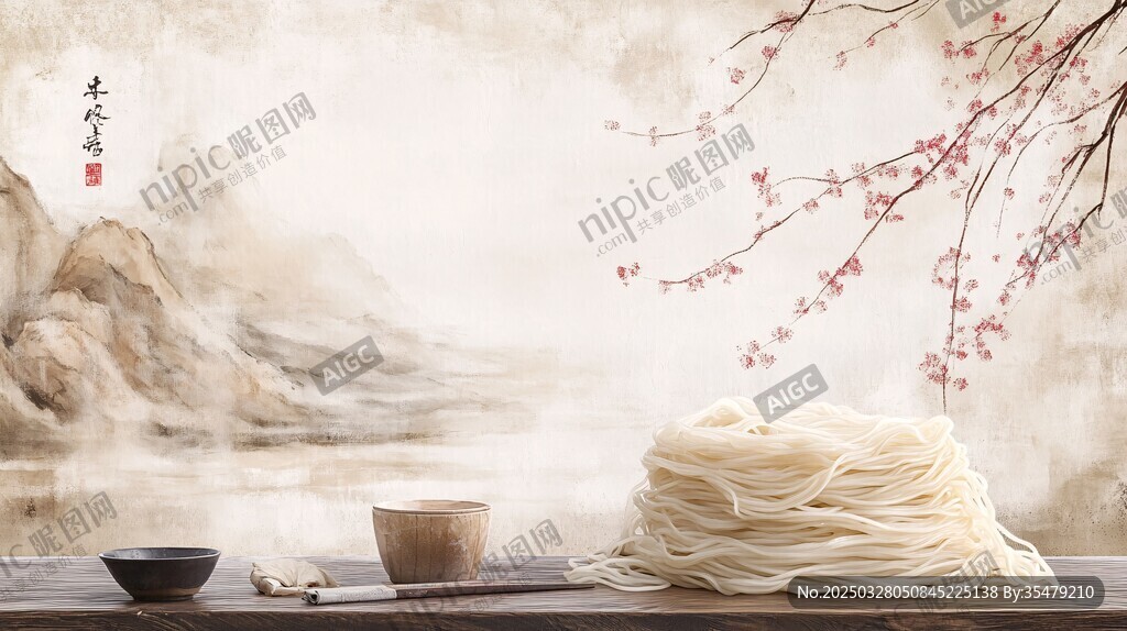 中式意境下的面條與茶具