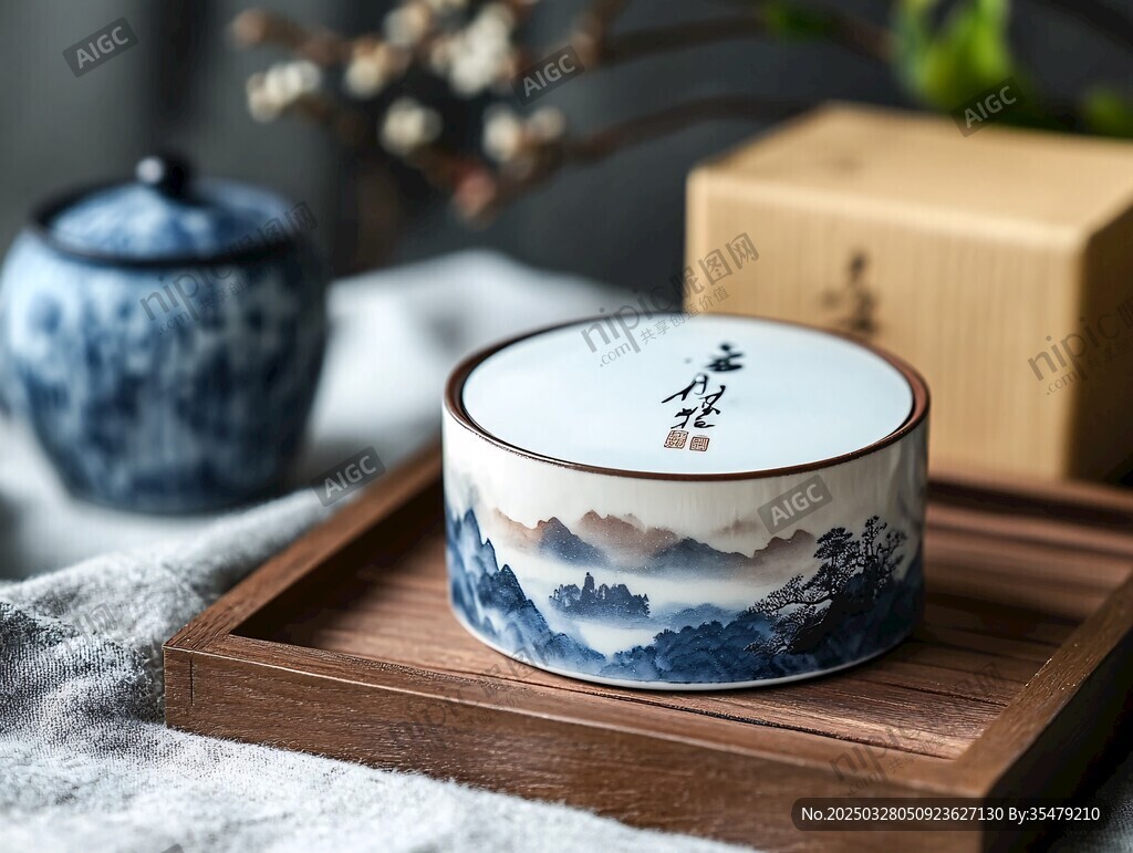 中式山水圖案陶瓷茶葉罐