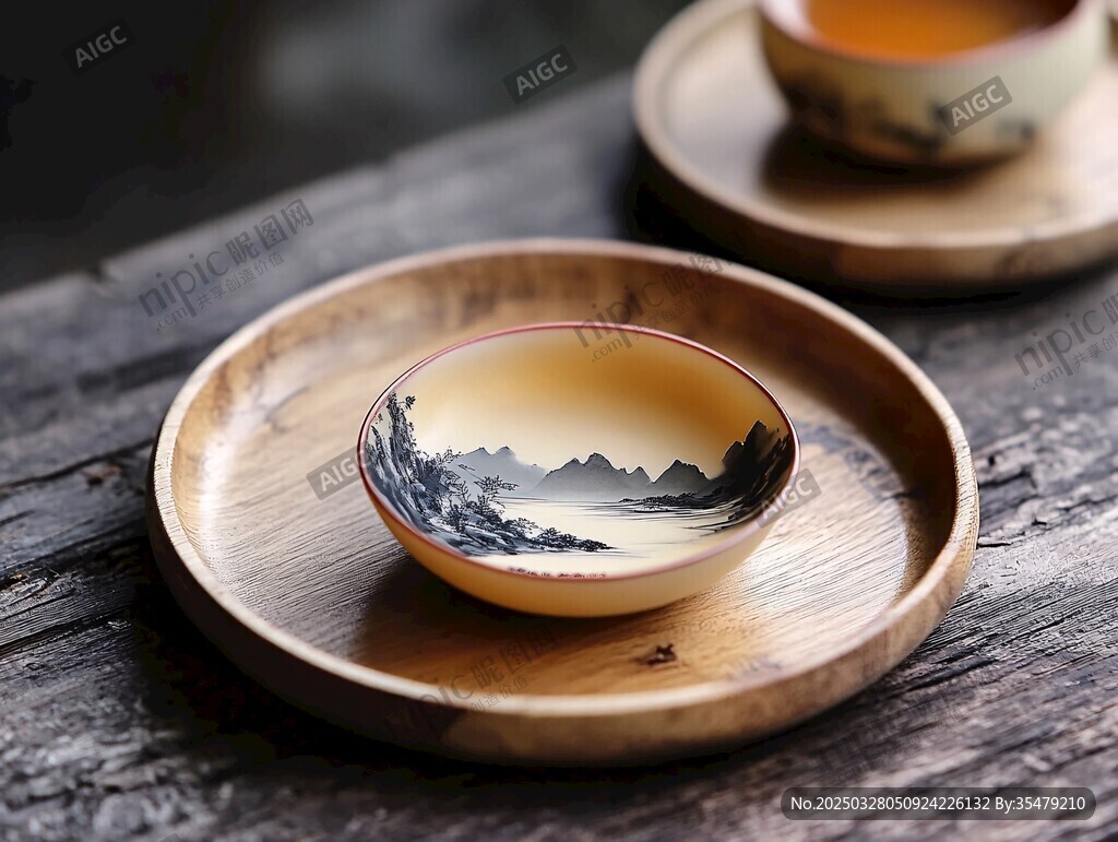 中式山水紋茶碗托盤組合