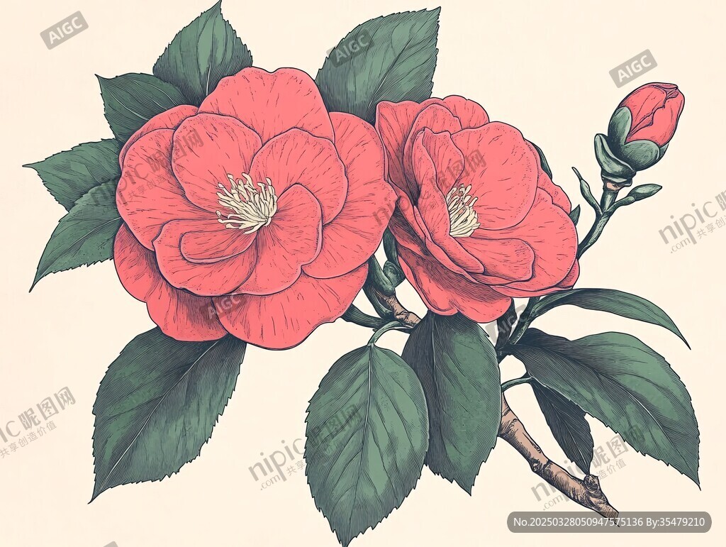 艷麗山茶花插畫