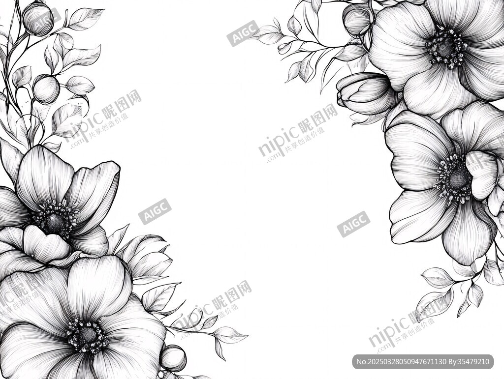黑白花卉裝飾邊框圖案