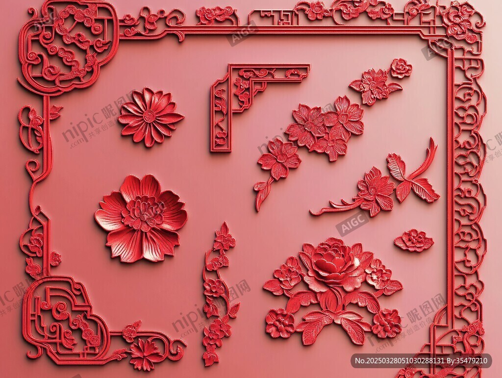 中式紅色雕花裝飾元素集
