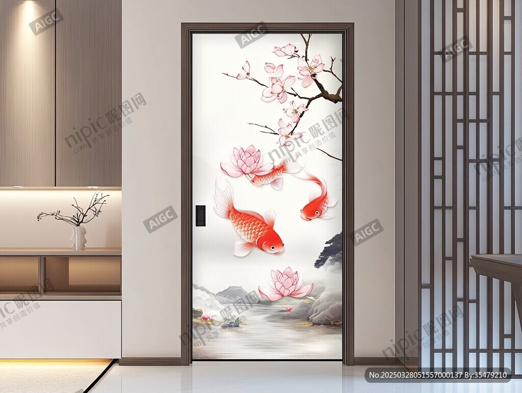 中式門飾 錦鯉荷花圖