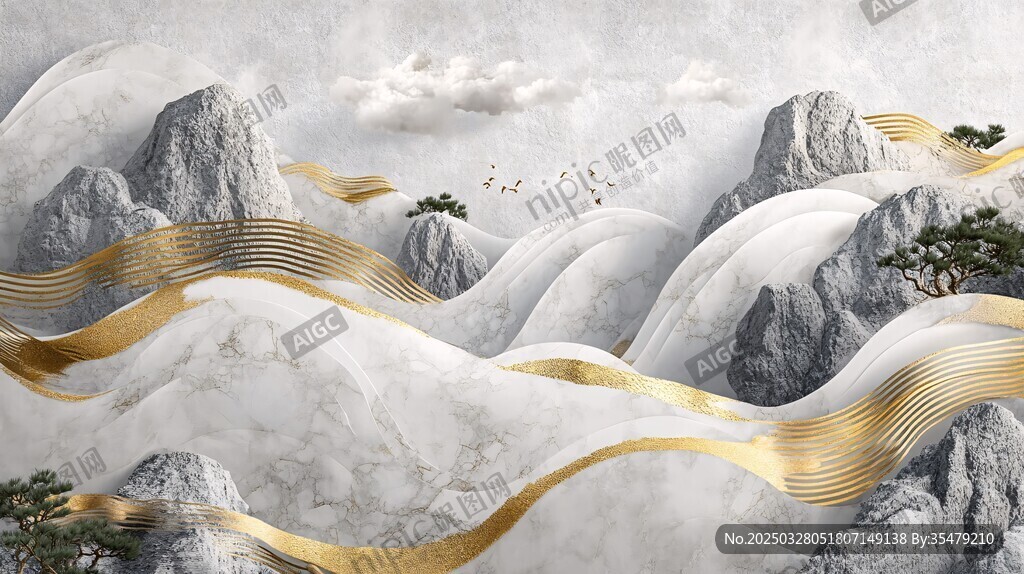 水墨金紋山水意境圖