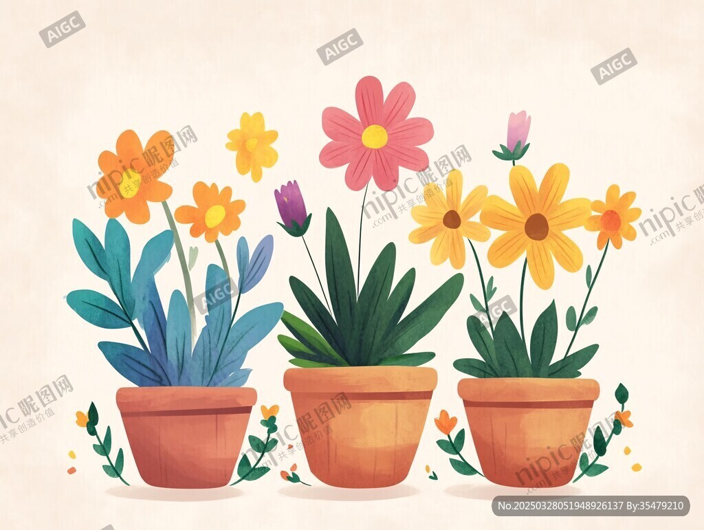三盆花卉插畫