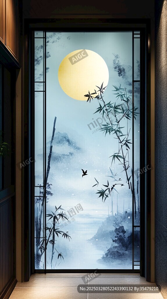 中式門飾 月夜竹林詩意景