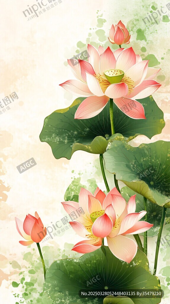 水墨風綻放的嬌艷荷花