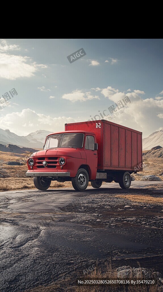 紅色復古貨車停于曠野