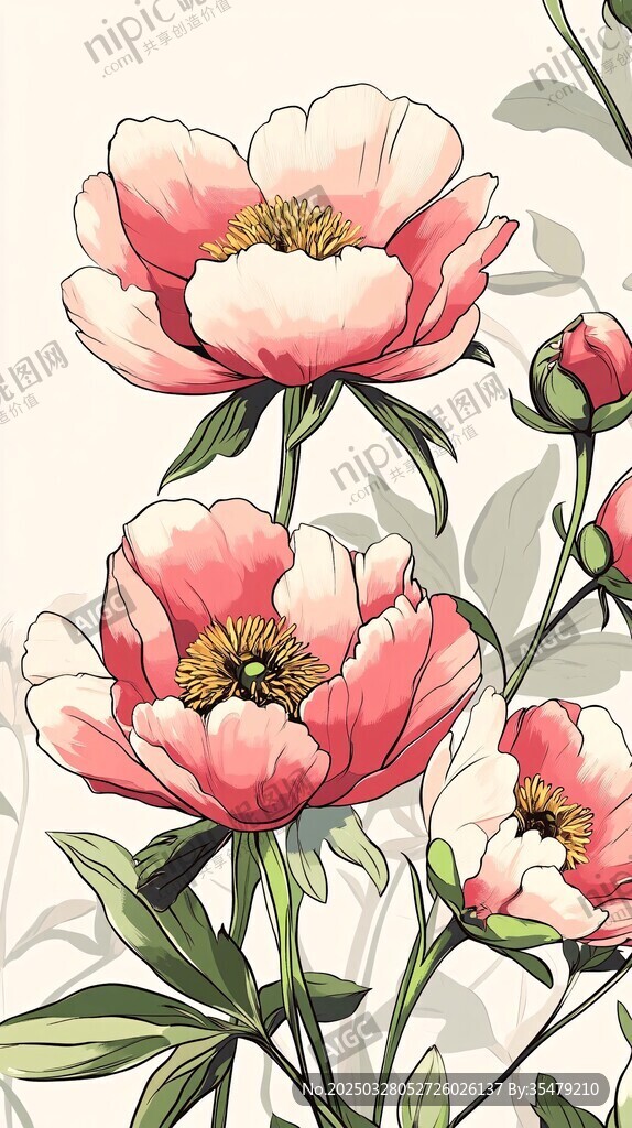 粉色芍藥花卉插畫