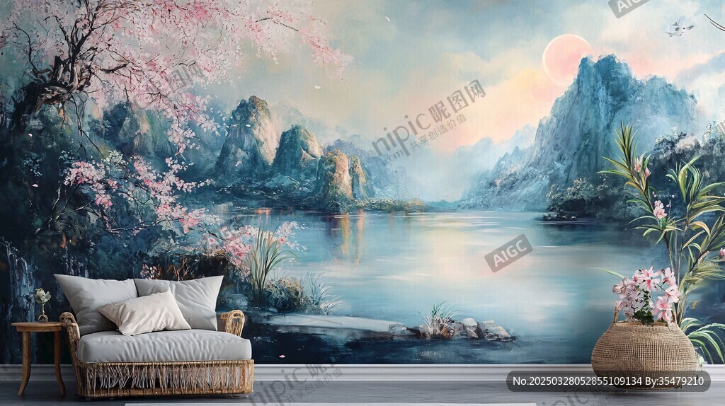 中式山水壁畫的雅致空間