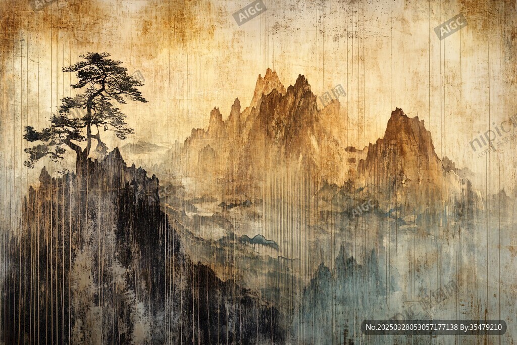 水墨孤松立 遠山入畫境