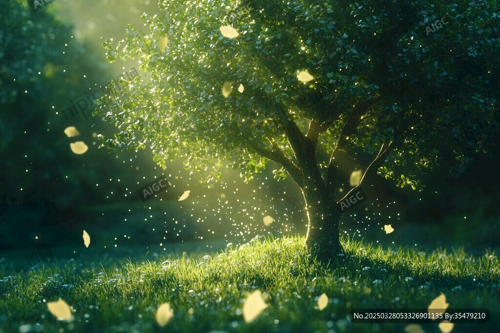 陽光灑落樹下的夢幻場景