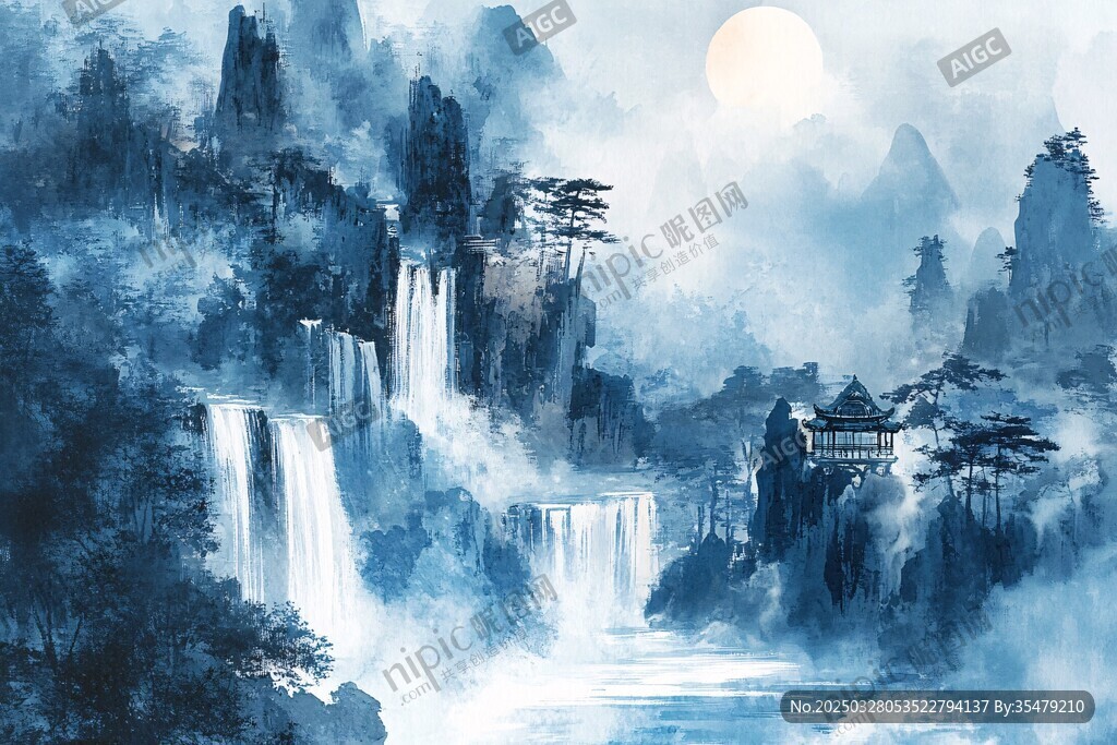 水墨山水間的月夜詩意景