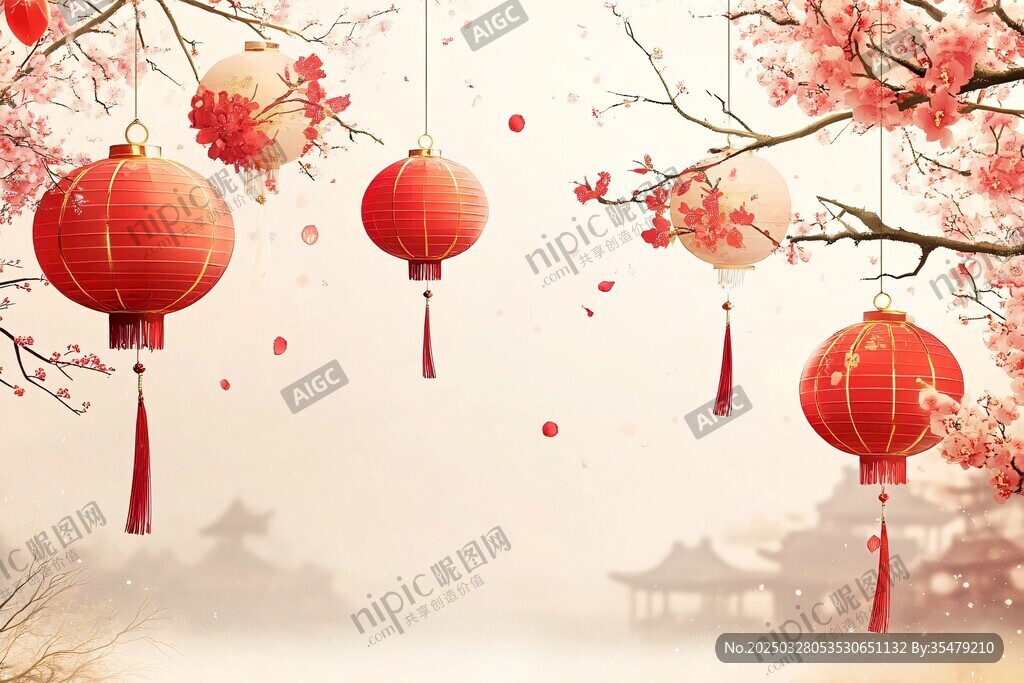 紅燈籠映繁花中式美景