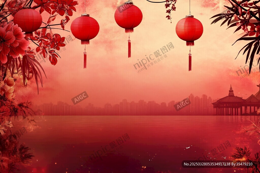 喜慶中式紅燈籠湖景畫面