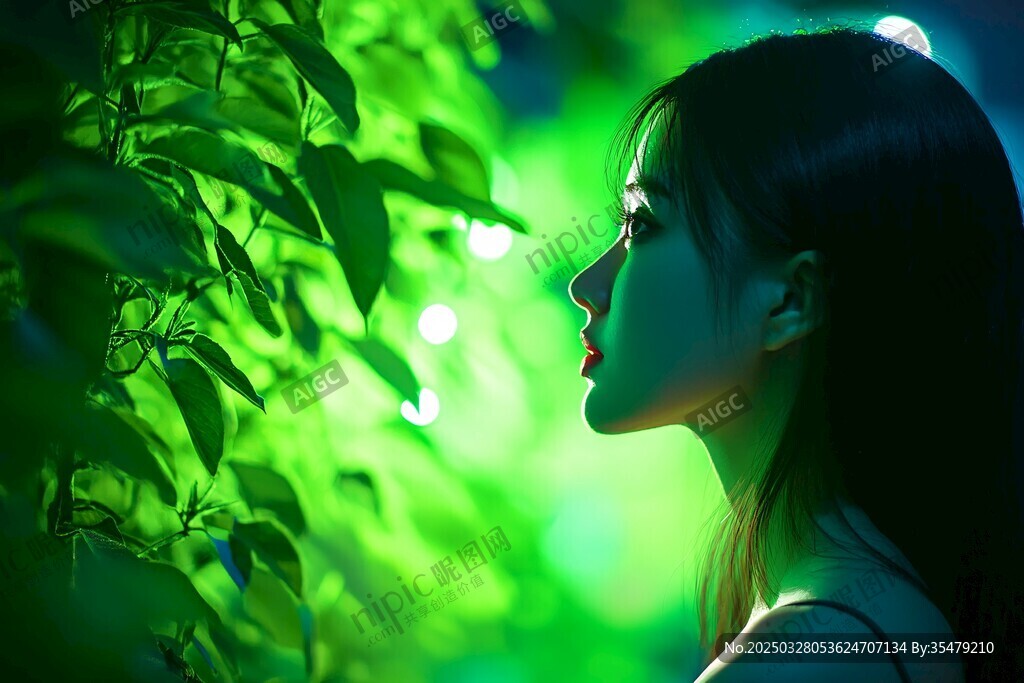 綠光中的側(cè)臉少女