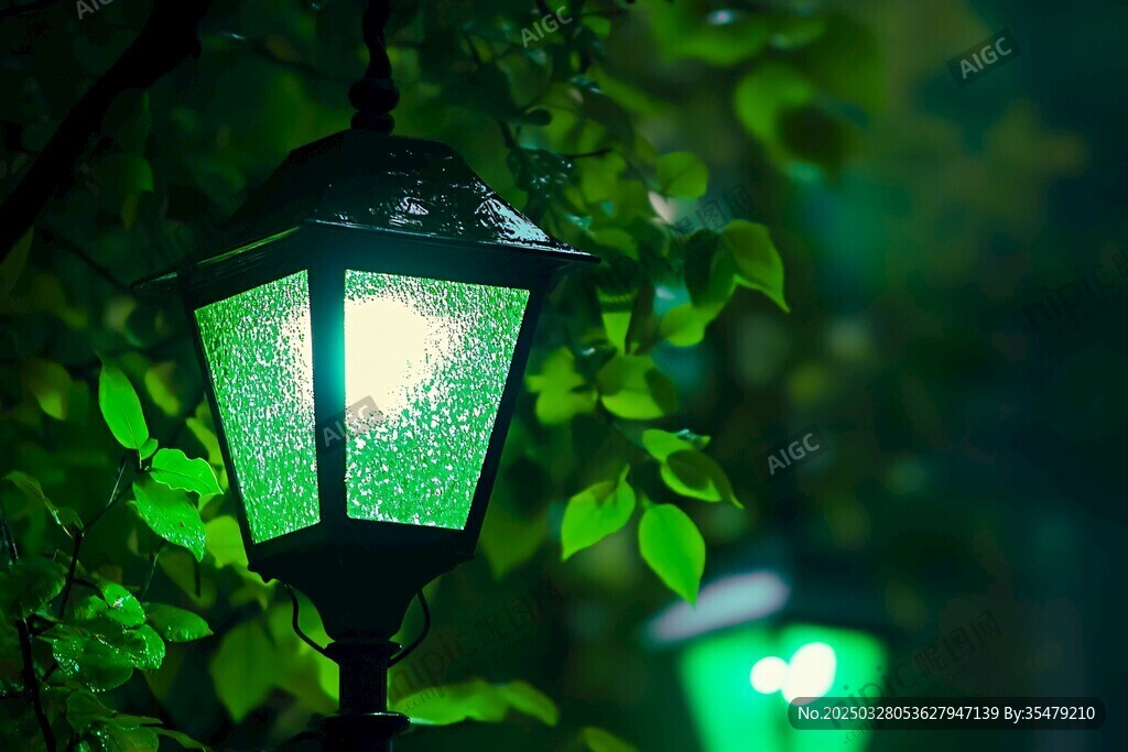 夜幕下的綠光路燈與綠葉