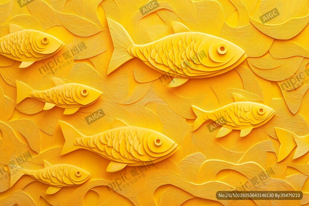 金色魚群浮雕藝術畫面