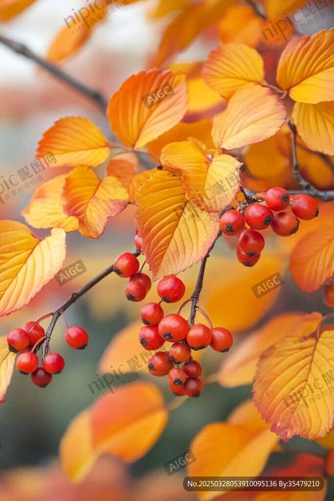 秋枝上的紅果與黃葉