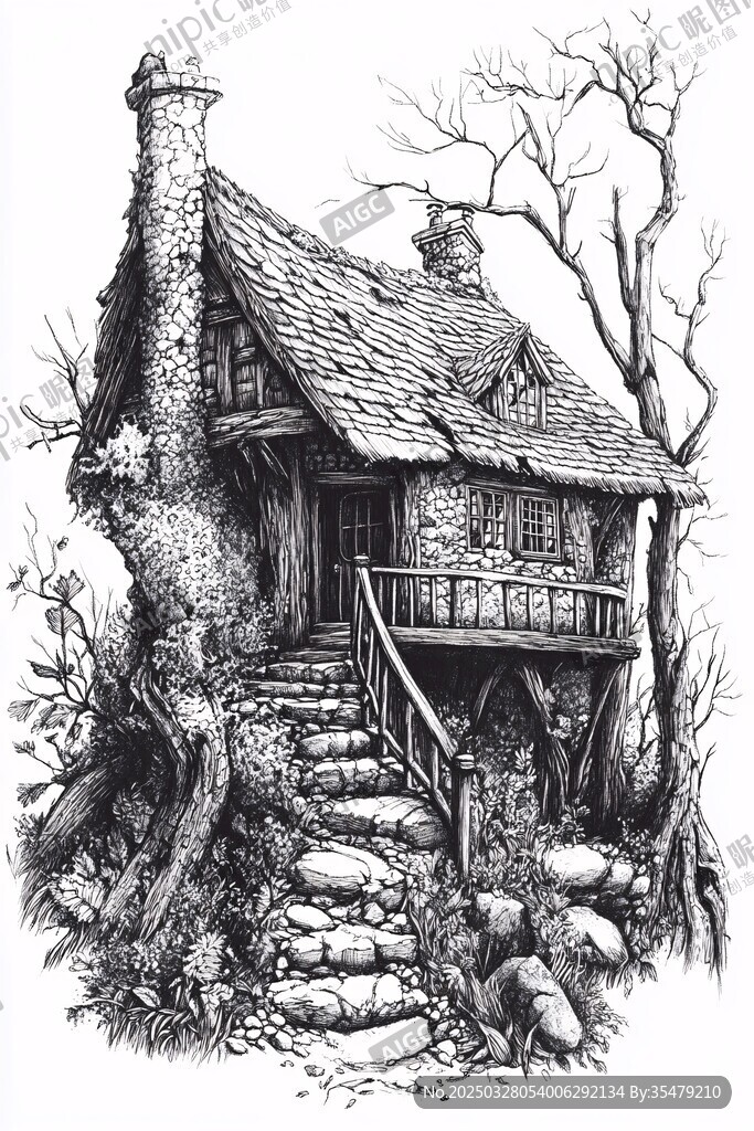 奇幻風格的林間石頭小屋