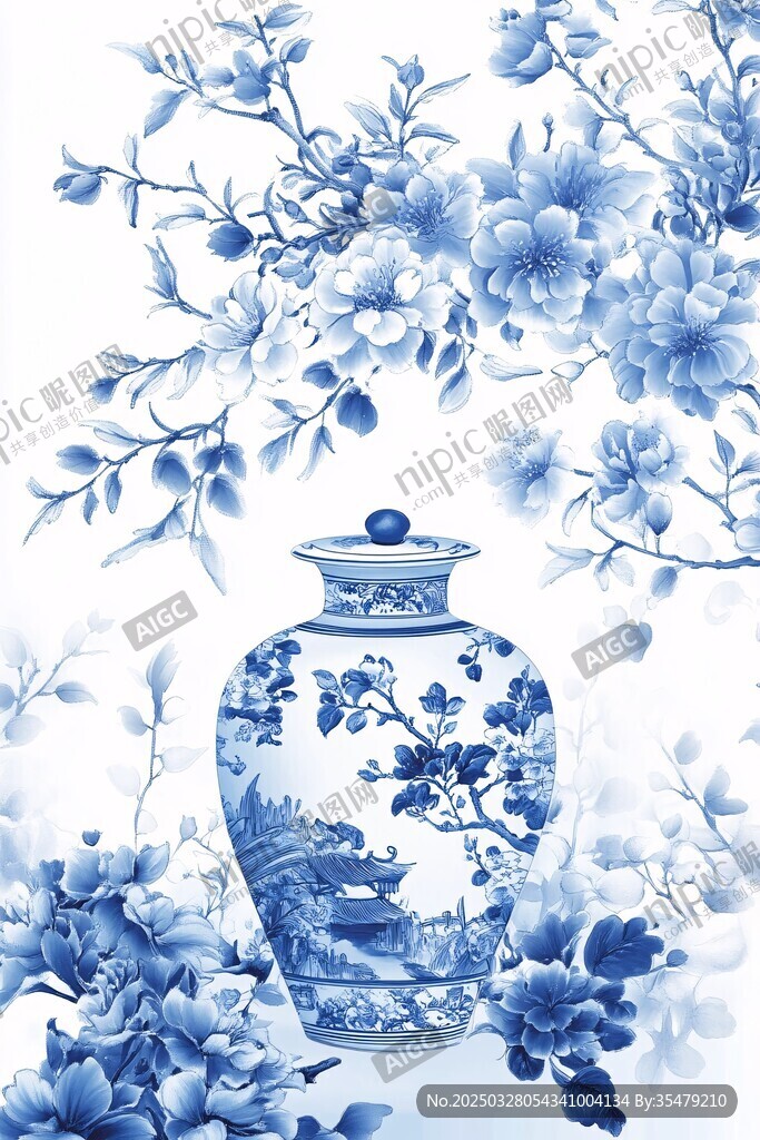 青花瓷瓶與花卉圖案