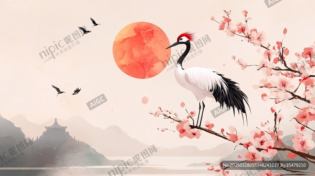 丹頂鶴棲于繁花映日枝頭