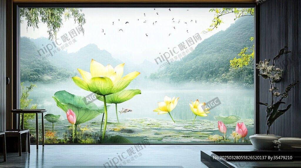 中式山水荷花客廳裝飾畫