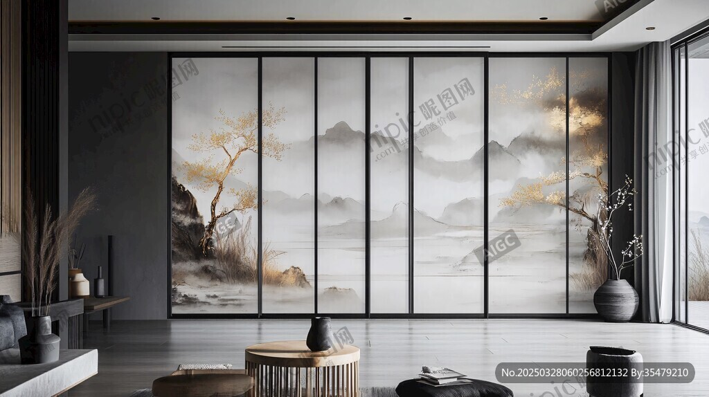 中式客廳山水屏風裝飾畫
