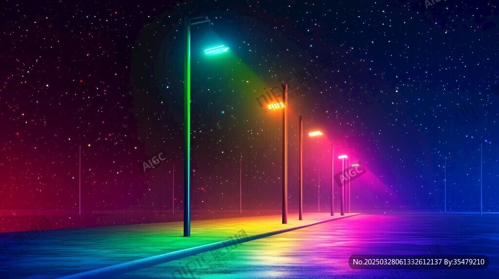 霓虹路燈下的夢幻星空夜景