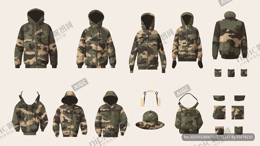 迷彩連帽服飾及配件展示